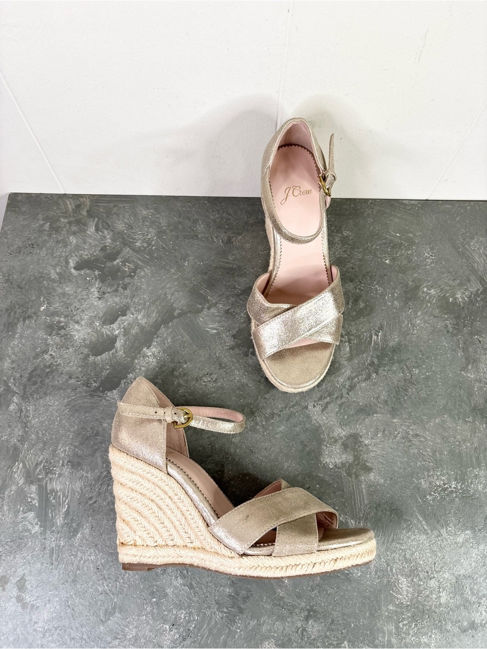 J.Crew Metallic Leather Jute Wedge Sandals champagne gold size 6 j crew - Picture 4 of 9